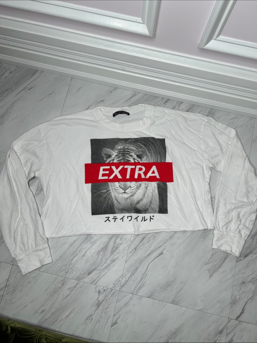 Rock Rose Couture White Cropped Long Sleeve Tee with Tiger 'EXTRA' Graphic